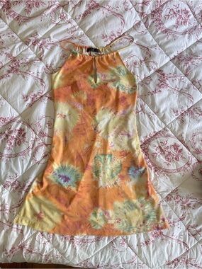 Y2K Vintage Tie-Dye Halter Dress in Orange, Yellow & Teal